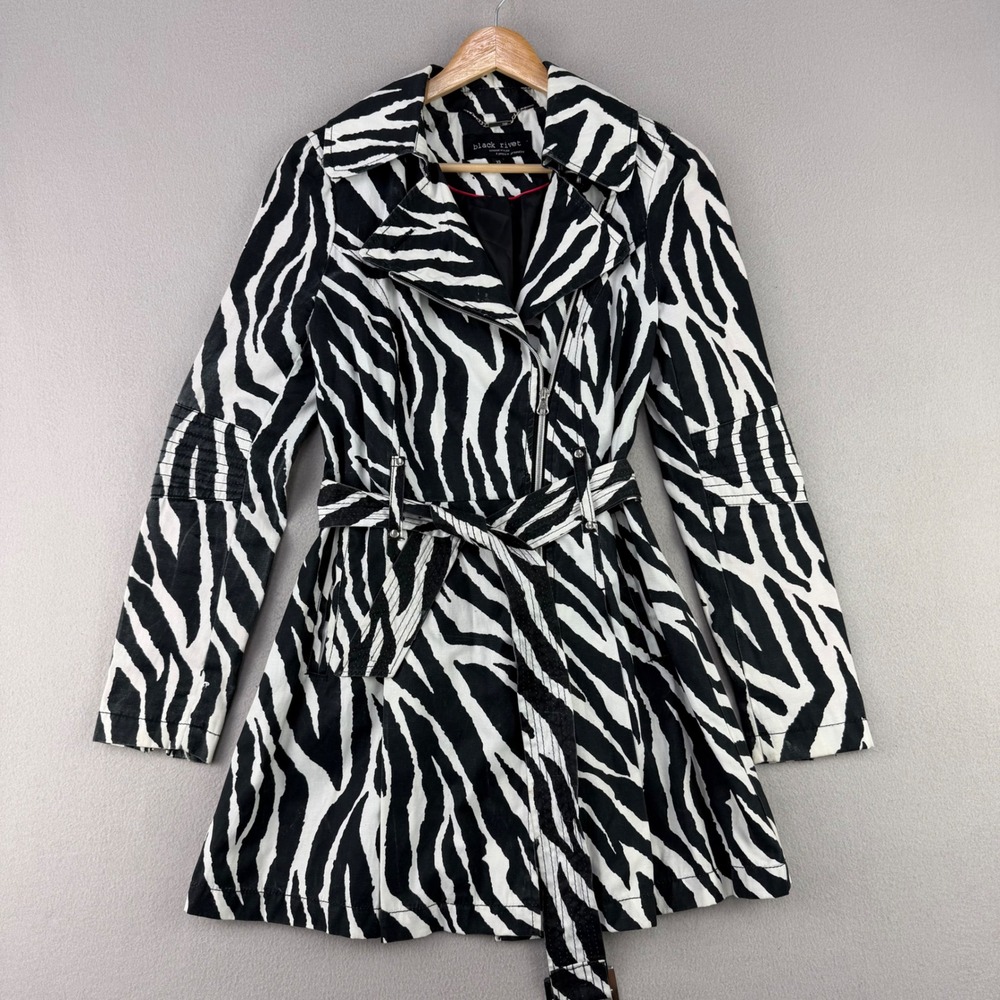 VTG Y2K Black Rivet Zebra Print Trench Coat Women XS Black Moto Belted Jacket